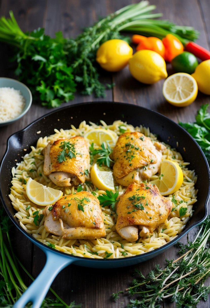 A sizzling skillet of lemon chicken and orzo, surrounded by fresh herbs and colorful vegetables