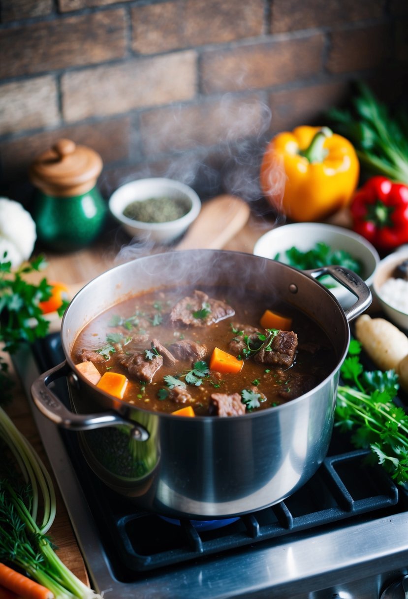 A steaming pot of hearty beef stew simmers on a rustic stovetop, surrounded by fresh vegetables, herbs, and spices