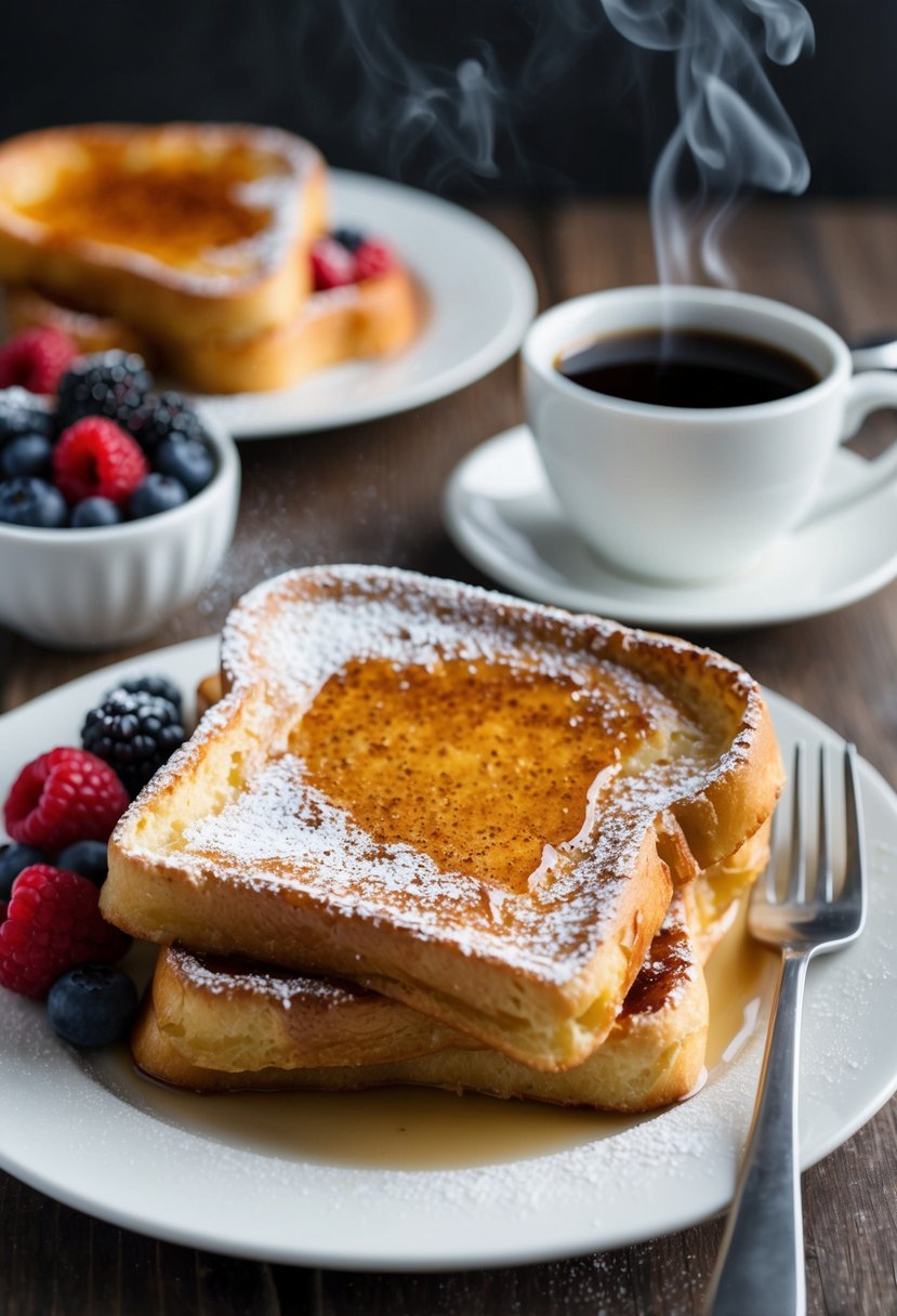 A plate of golden brown French toast topped with powdered sugar and syrup, accompanied by a side of fresh berries and a steaming cup of coffee