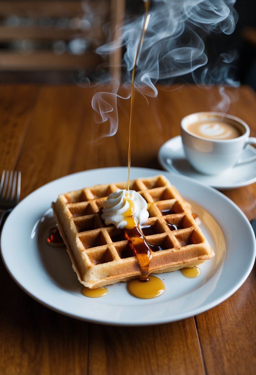 A plate of golden-brown buttermilk waffles drizzled with syrup, accompanied by a steaming cup of coffee