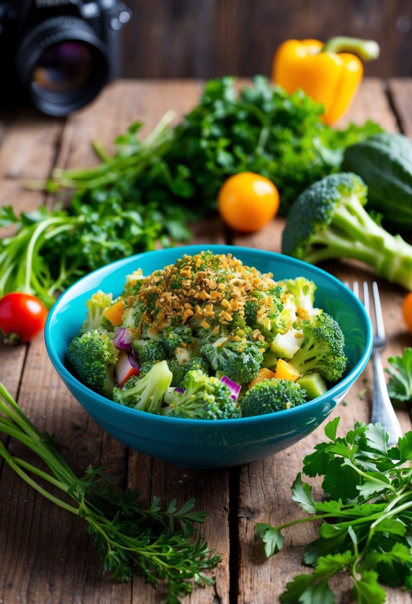 A vibrant broccoli salad with a herb-crusted topping sits on a rustic wooden table, surrounded by fresh herbs and colorful vegetables