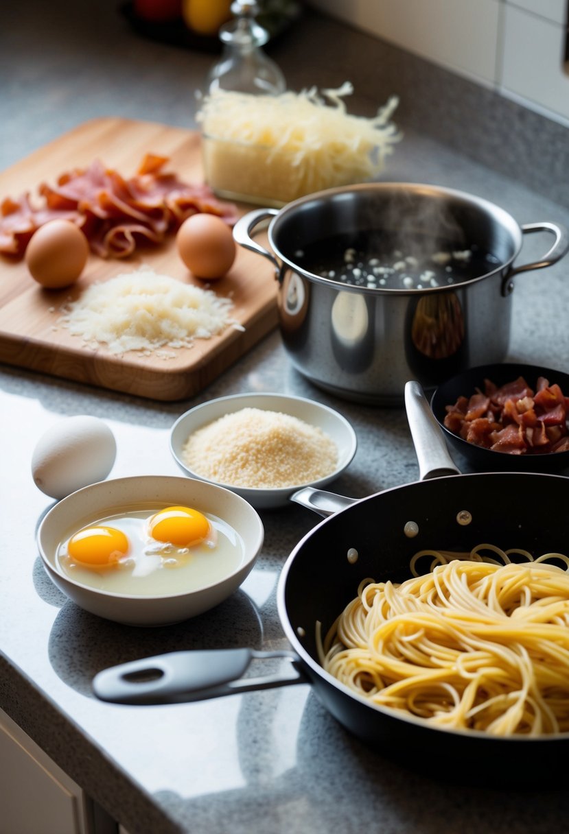 A kitchen counter with ingredients: eggs, pancetta, parmesan, black pepper, and spaghetti. A pot of boiling water and a skillet with sizzling pancetta