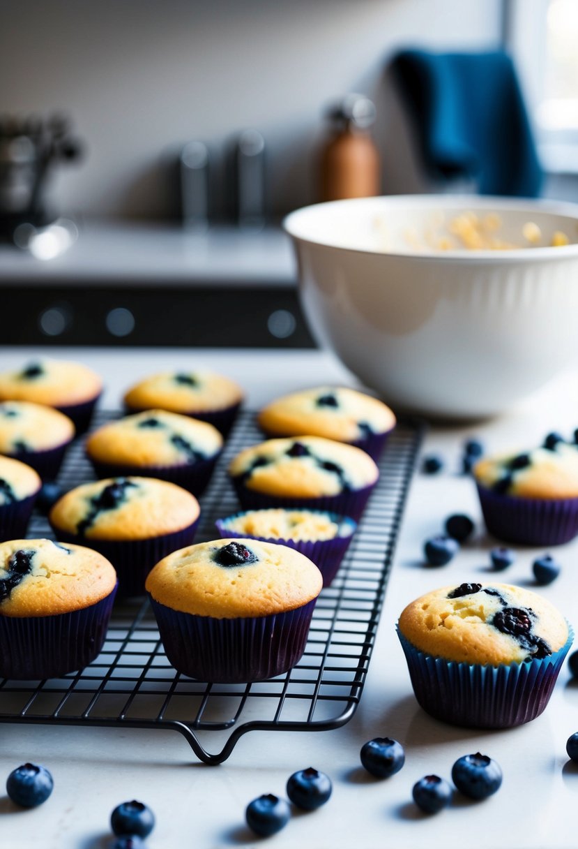 A kitchen counter with freshly baked blueberry muffins cooling on a wire rack, surrounded by scattered blueberries and a mixing bowl