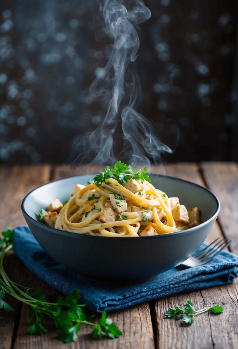 A steaming bowl of creamy tofu pasta with fresh herbs on a rustic wooden table