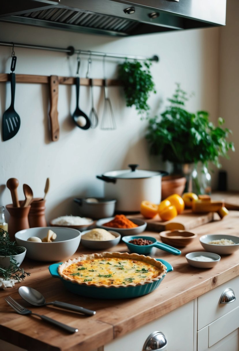 A rustic kitchen with ingredients and utensils laid out for making Savory Quiche Lorraine from scratch