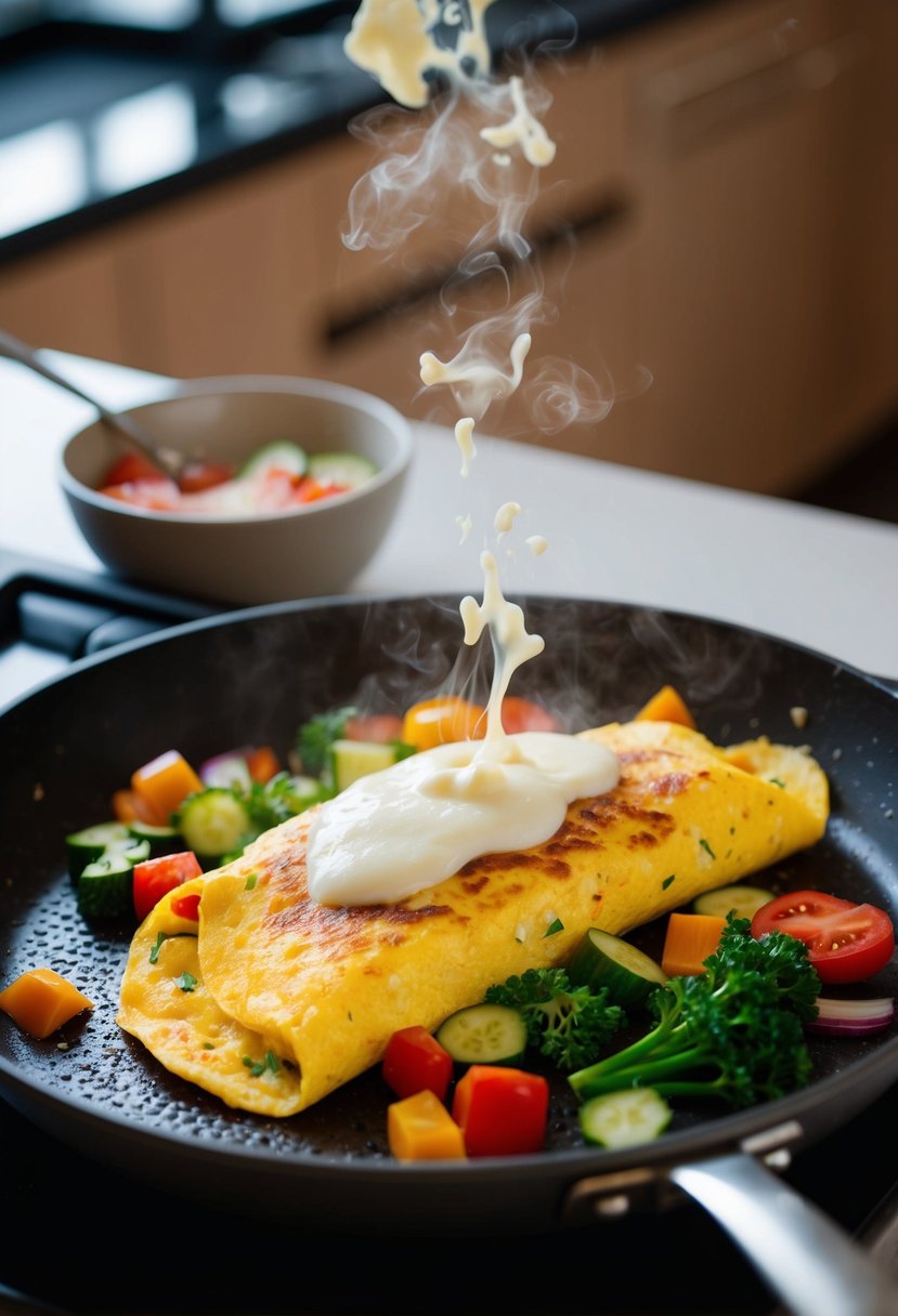 A sizzling veggie omelet cooking on a non-stick skillet, with colorful vegetables and melted cheese bubbling on top