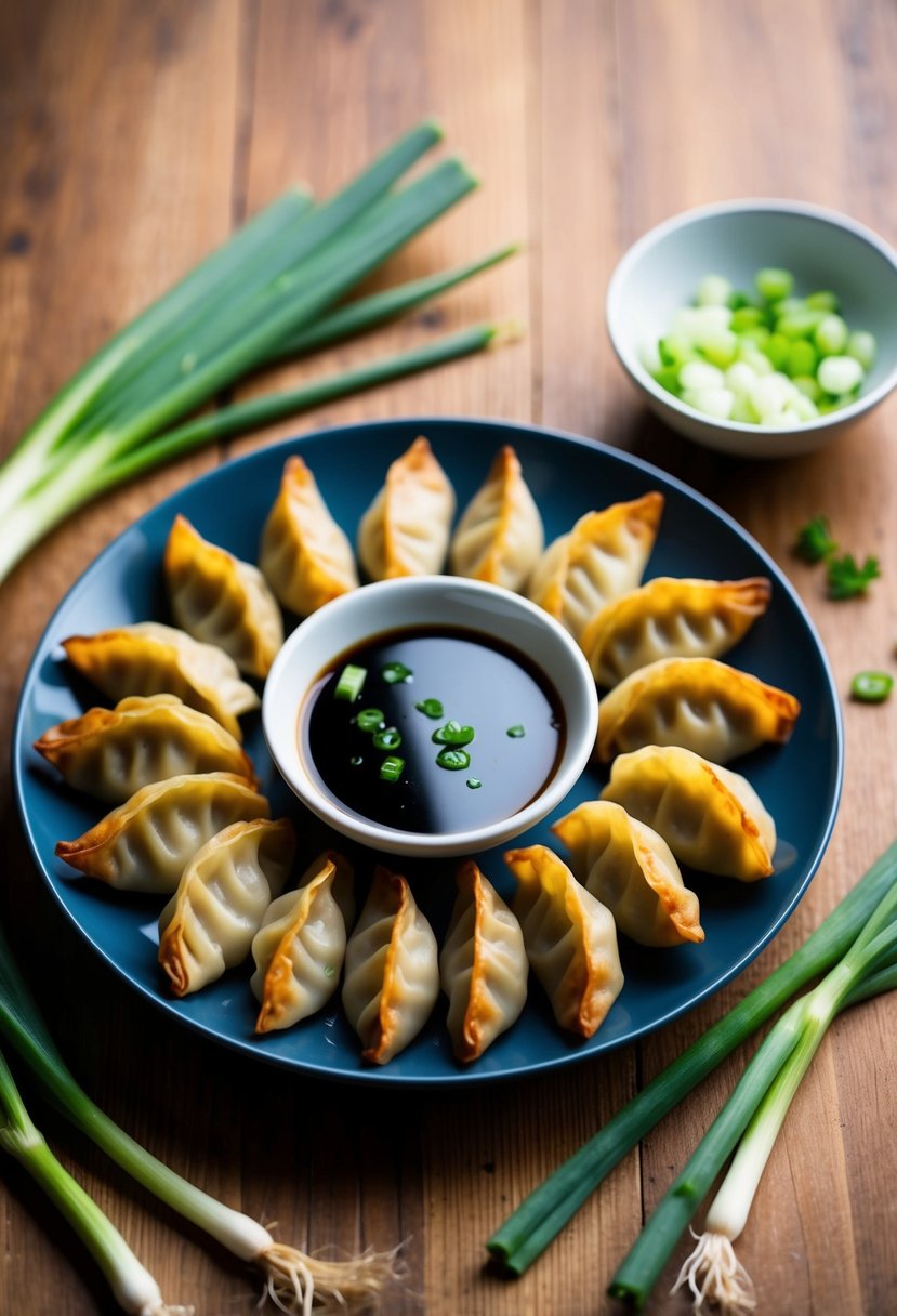 A plate of golden brown pot stickers arranged around a small bowl of soy ginger dipping sauce, with a few scattered green onions for garnish