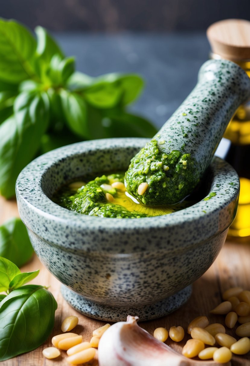 A mortar and pestle crushing fresh basil, garlic, pine nuts, and olive oil into a vibrant green pesto sauce