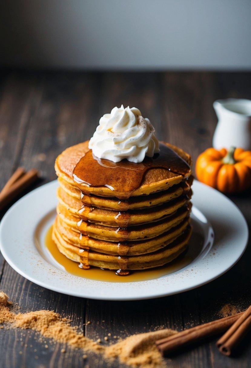 A stack of pumpkin spice pancakes topped with syrup and a dollop of whipped cream on a white plate, surrounded by a scattering of cinnamon and nutmeg