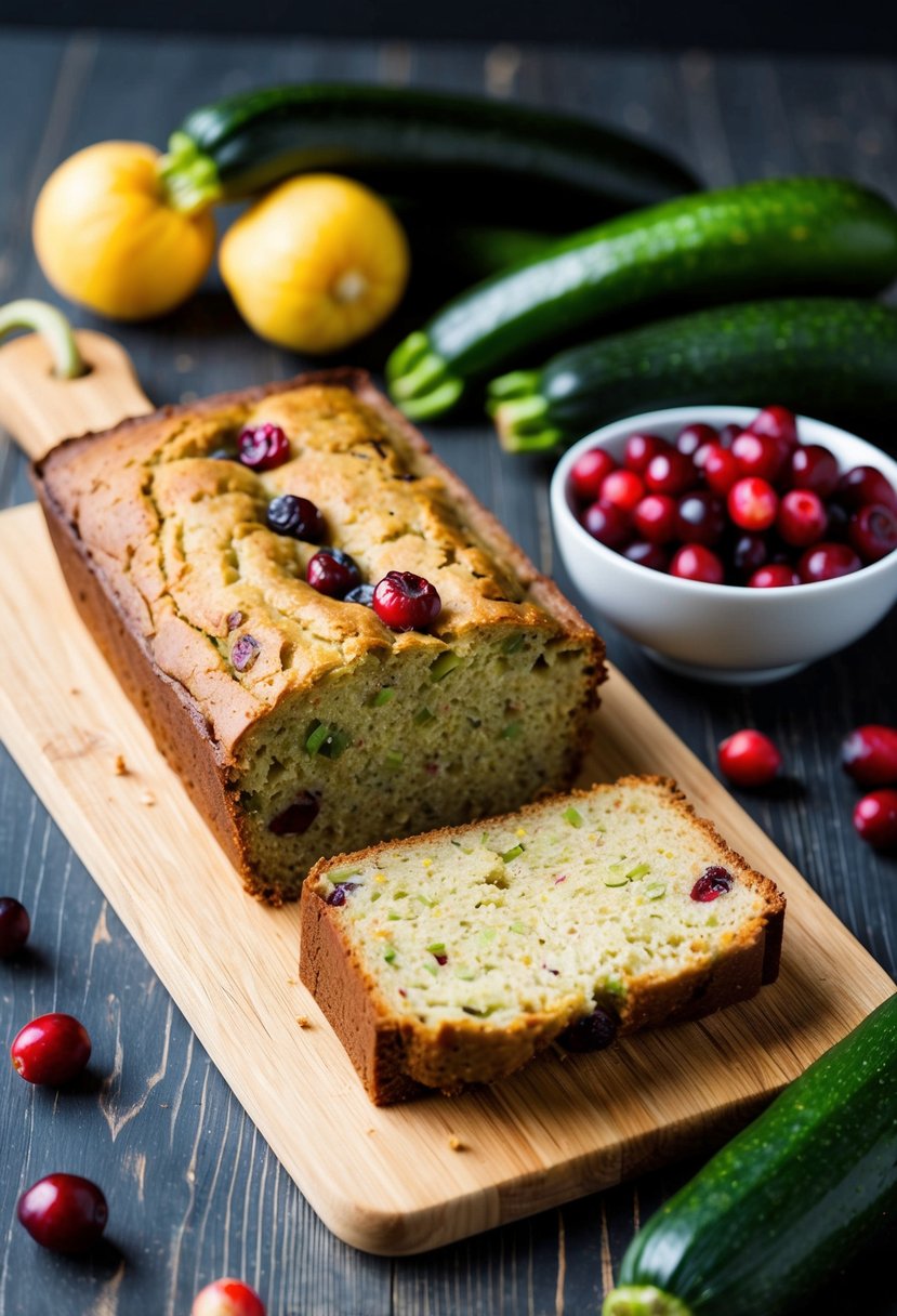 A loaf of zucchini bread with cranberries sits on a wooden cutting board next to a pile of fresh zucchinis and a bowl of cranberries