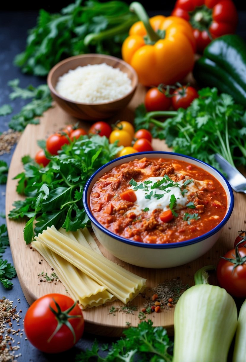 A variety of fresh vegetables, lasagna noodles, and a rich tomato sauce arranged on a wooden cutting board, surrounded by scattered herbs and spices