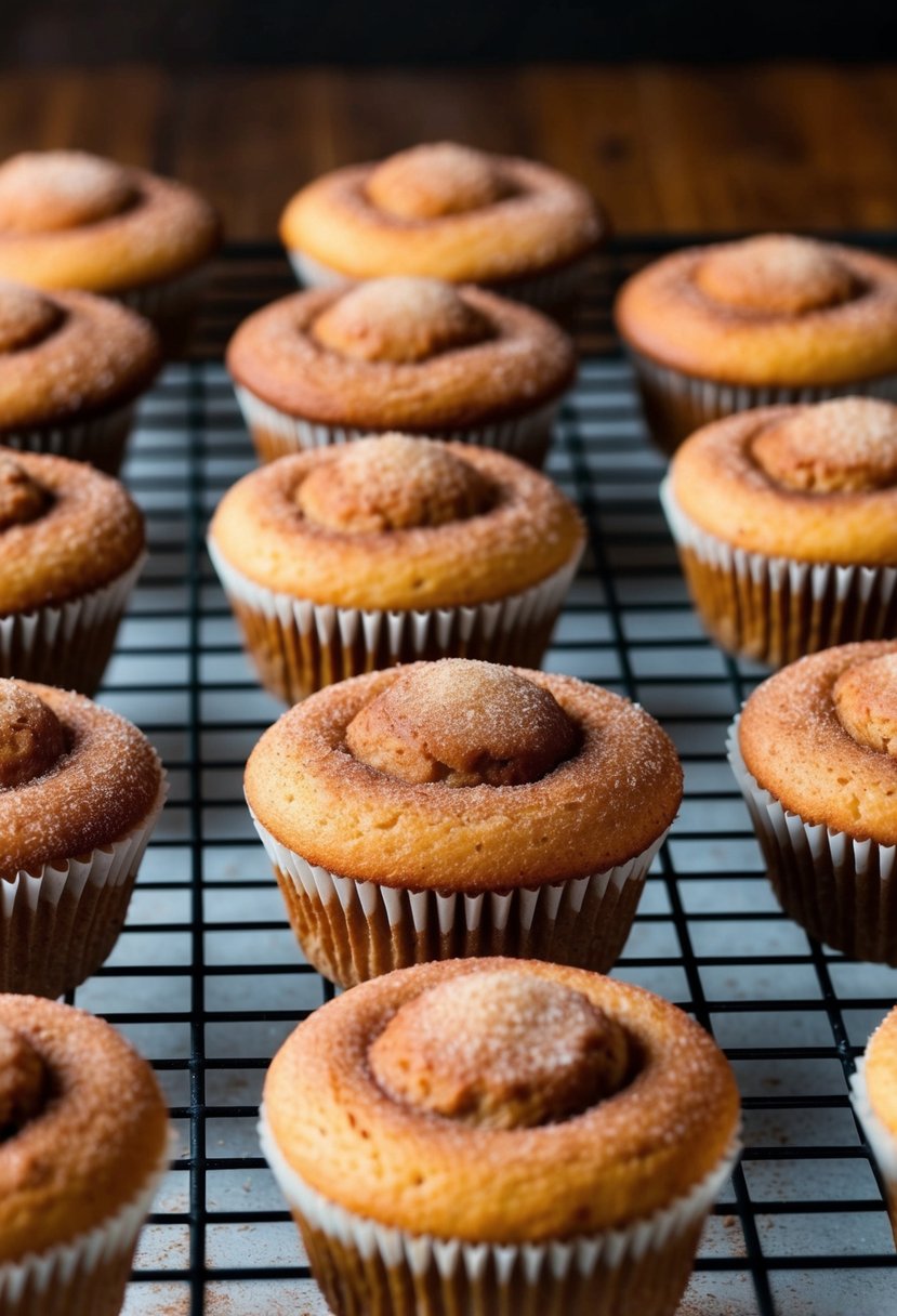 A tray of freshly baked cinnamon breakfast muffins cooling on a wire rack. A scattering of cinnamon sugar on the surface