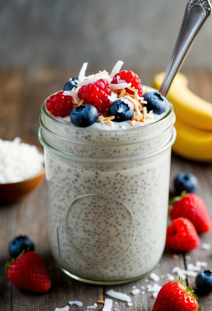 A mason jar filled with creamy coconut chia pudding topped with fresh berries and shredded coconut