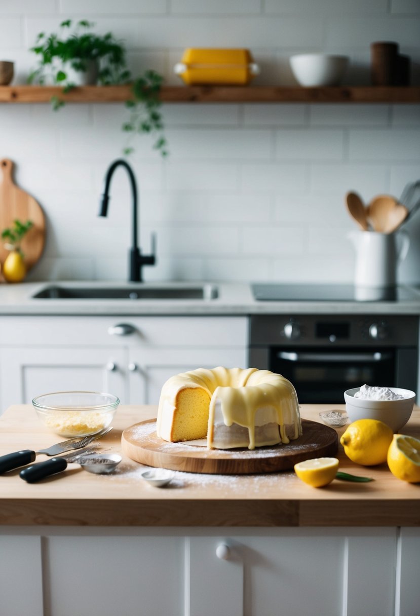 A kitchen counter with ingredients and utensils for making lemon pound cake from scratch