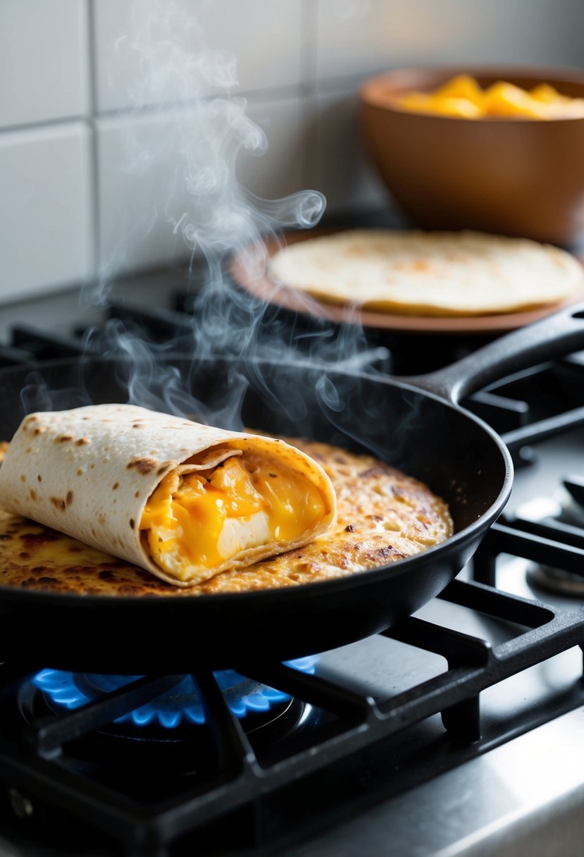 A sizzling skillet with a breakfast burrito cooking on a stovetop, steam rising from the egg and cheese filling