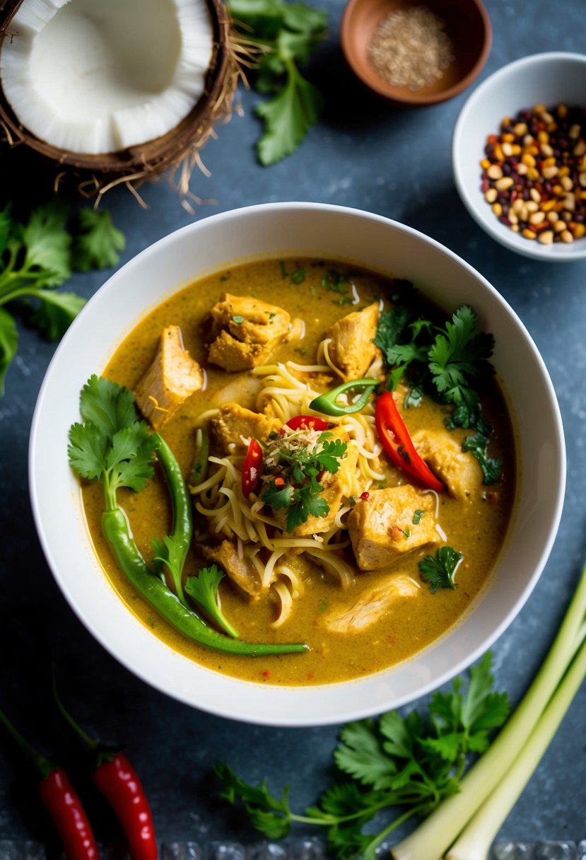 A steaming bowl of dairy-free chicken curry laksa with vibrant spices and fresh herbs, surrounded by ingredients like coconut milk, chili peppers, and lemongrass