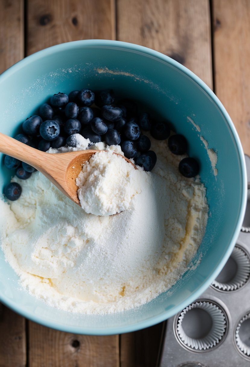 A mixing bowl filled with flour, sugar, and blueberries. A wooden spoon stirs the batter. A muffin tin sits nearby, ready to be filled