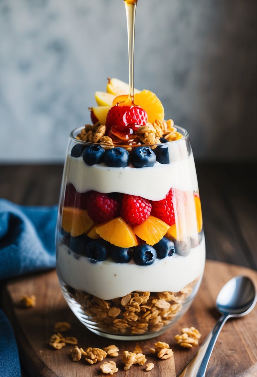 A glass parfait dish filled with layers of yogurt, granola, and colorful fresh fruit, topped with a drizzle of honey