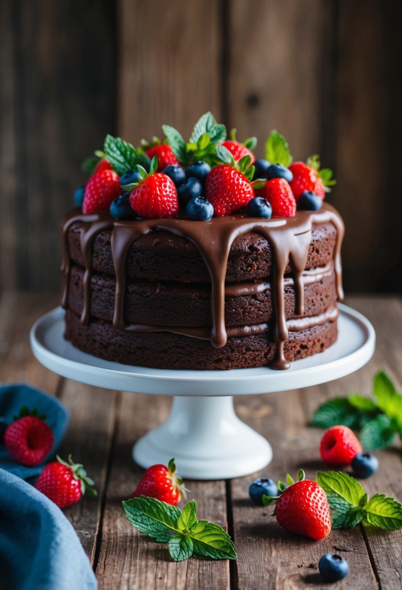 A rich vegan chocolate cake sits on a rustic wooden table, topped with decadent fudge frosting and surrounded by fresh berries and mint leaves