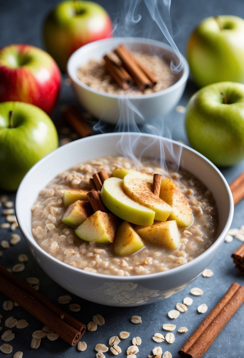 A steaming bowl of apple cinnamon oatmeal surrounded by fresh apples, cinnamon sticks, and oats