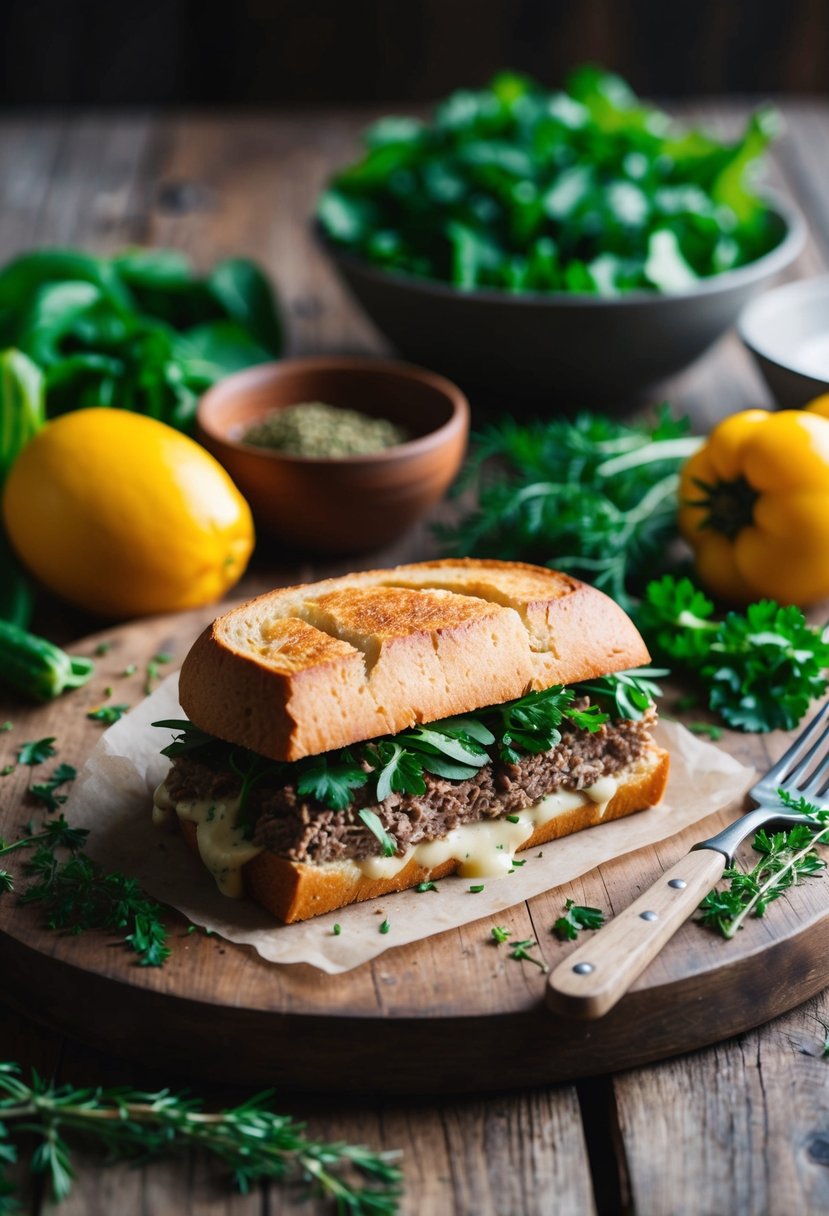 A rustic wooden table set with a dairy-free Paleo French Dip sandwich, surrounded by fresh California produce and herbs