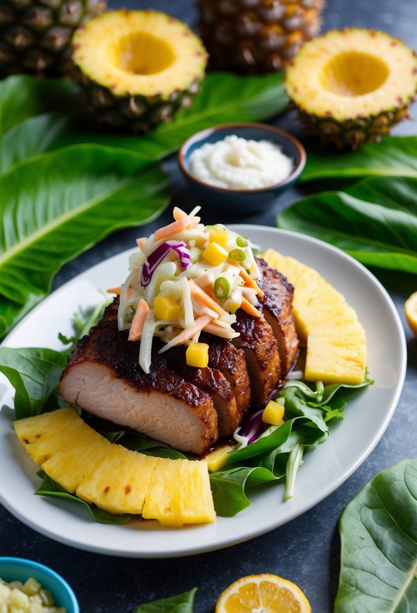 A platter of Kālua Pork topped with vibrant Pineapple Slaw, surrounded by tropical fruits and leafy greens