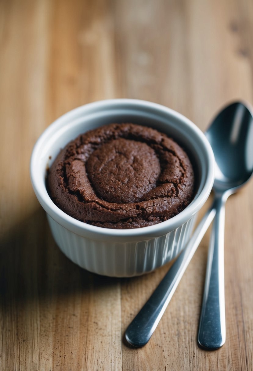 A small microwave-safe dish filled with dairy-free Nutella pudding cake, ready to be cooked