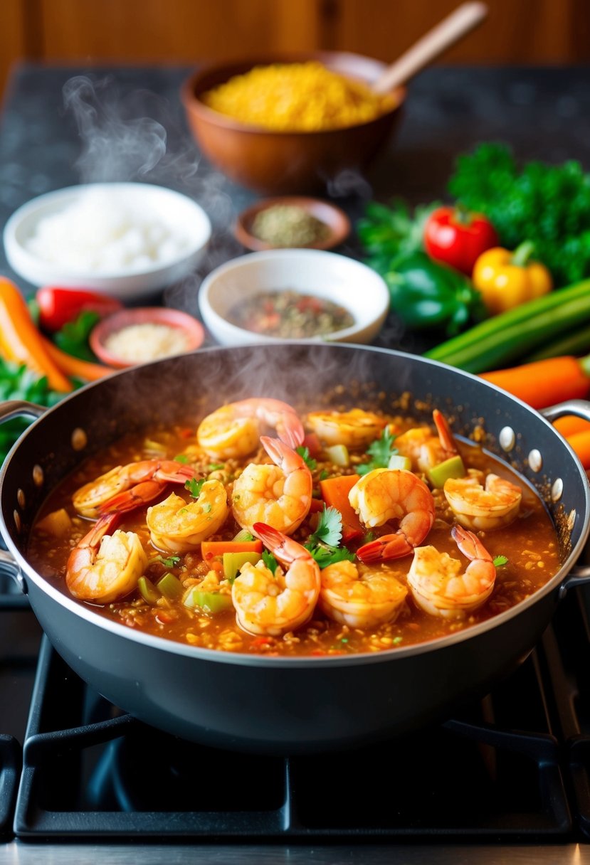 A bubbling pot of prawn jambalaya simmering on a stove, surrounded by colorful vegetables and aromatic spices