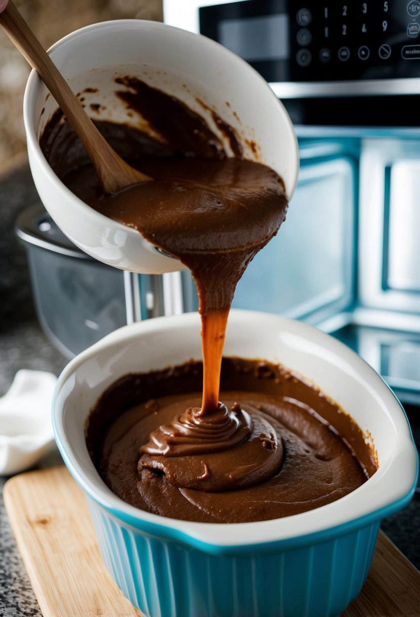 A bowl of fudge mixture being poured into a greased dish, placed in a microwave, and then removed once set