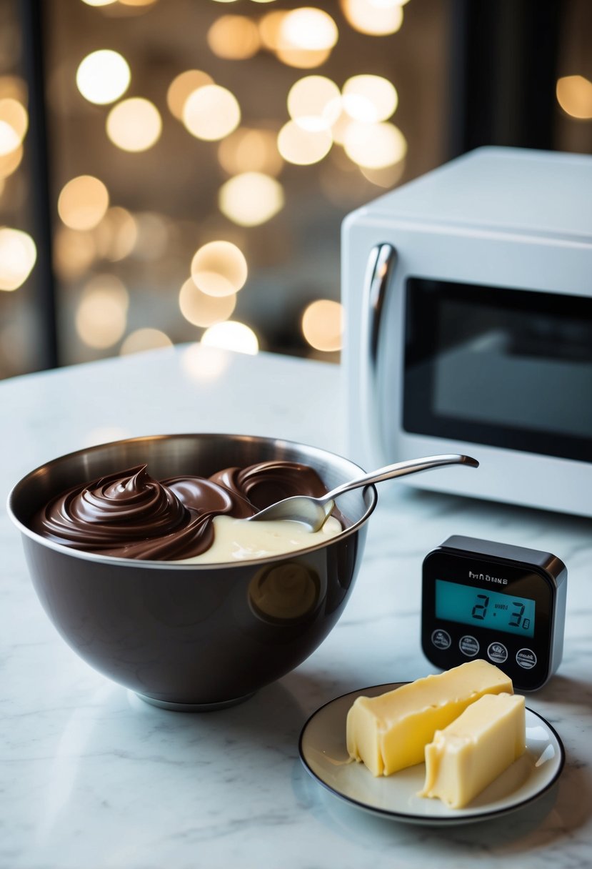 A mixing bowl with chocolate, condensed milk, and butter. A microwave next to it with a timer set for 3 minutes