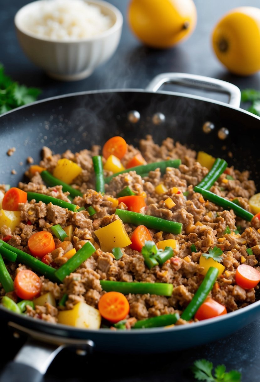 A sizzling skillet of ground turkey and colorful vegetables cooking together in a healthy stir-fry