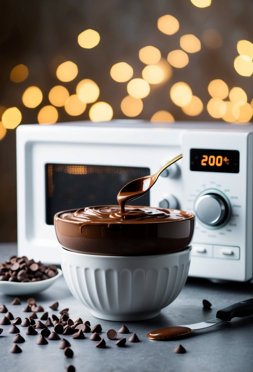 A microwave with a bowl of melted chocolate and condensed milk, surrounded by scattered chocolate chips and a spatula