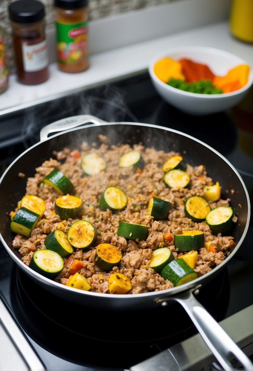 A sizzling skillet with ground turkey, zucchini, and colorful spices cooking on a stovetop