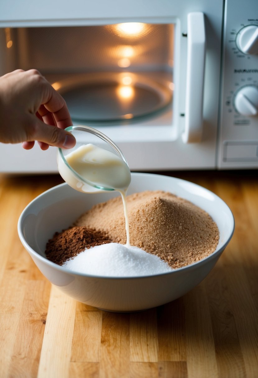 A bowl of condensed milk, cocoa, and sugar being mixed together in a microwave-safe dish