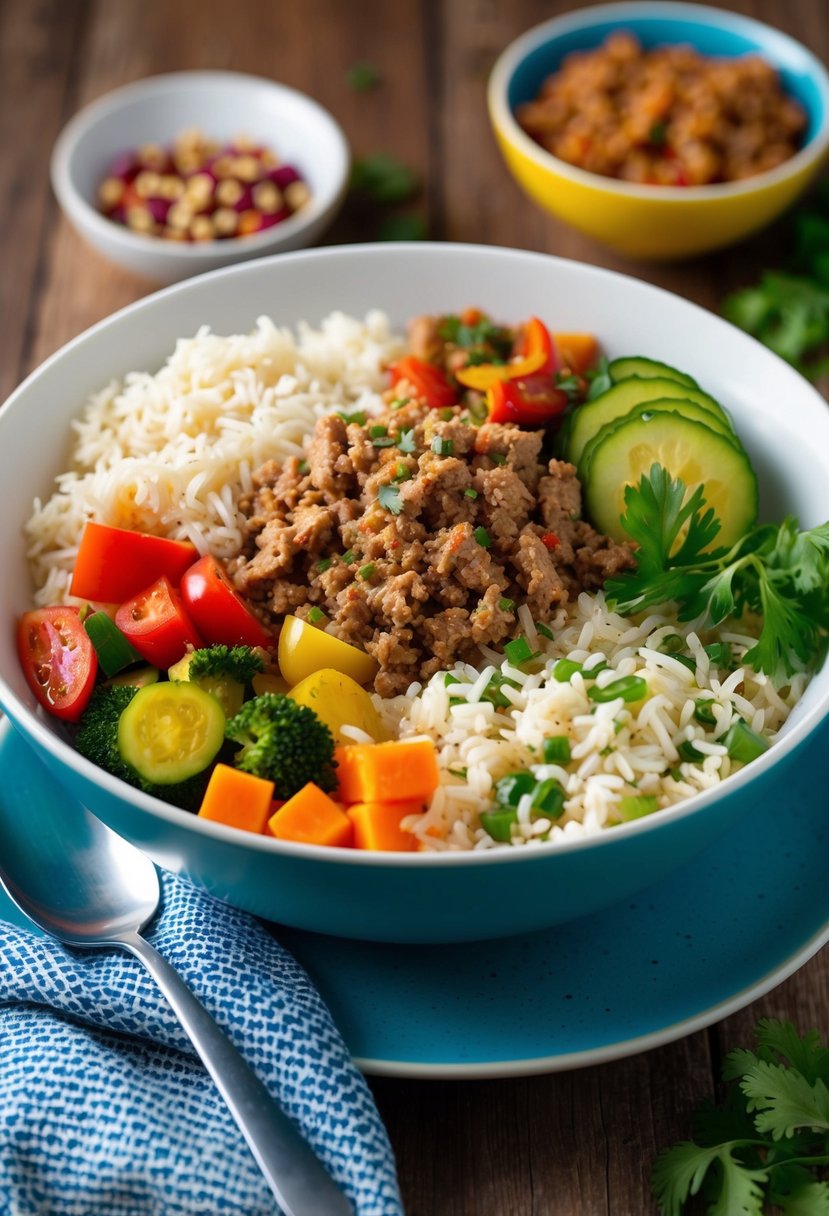 A colorful bowl filled with Greek-spiced ground turkey, assorted veggies, and fluffy rice, creating a vibrant and healthy meal