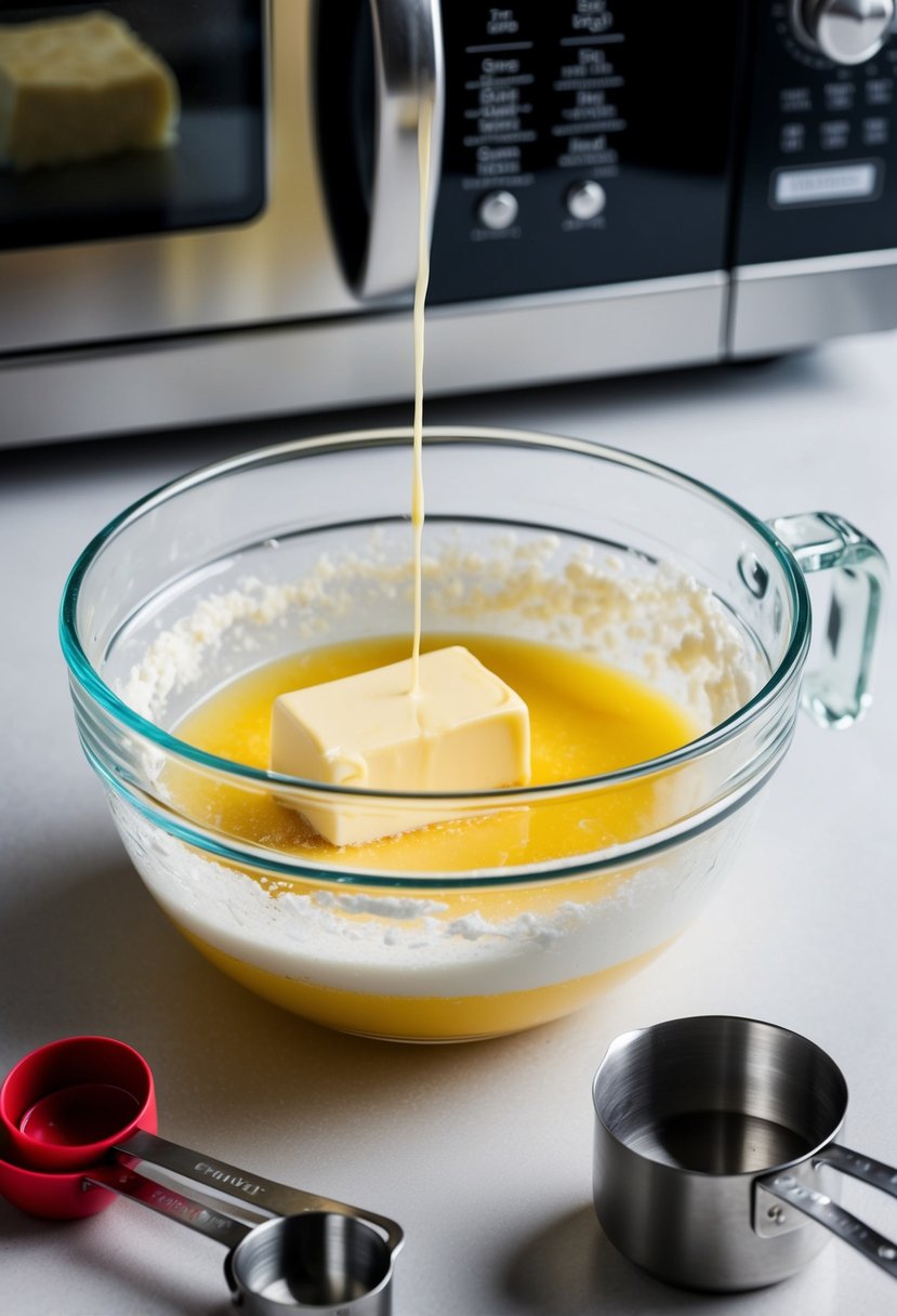 A mixing bowl filled with melted butter and sugar, surrounded by measuring cups and a microwave