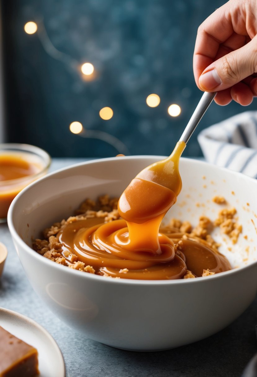 A bowl of melted caramel being mixed with fudge ingredients in a microwave-safe dish