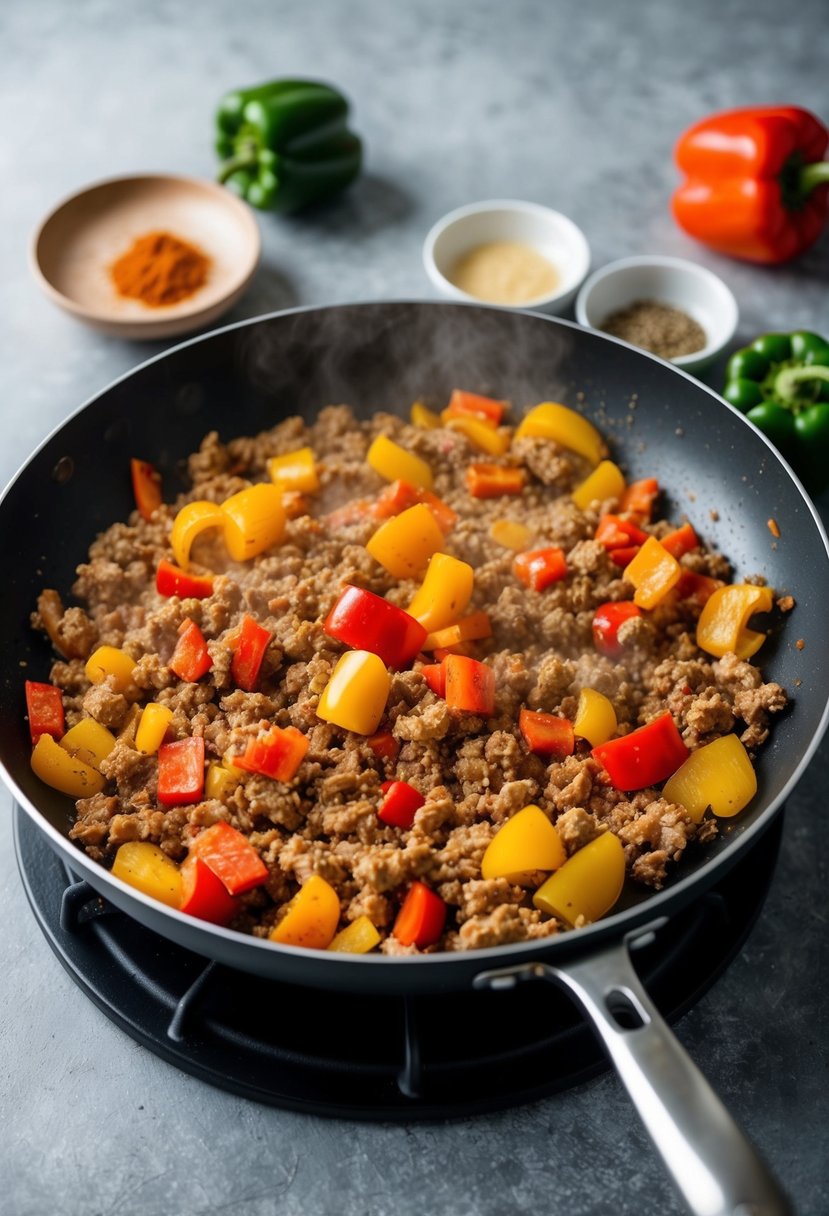 A sizzling pan with ground turkey, colorful peppers, and spices cooking together