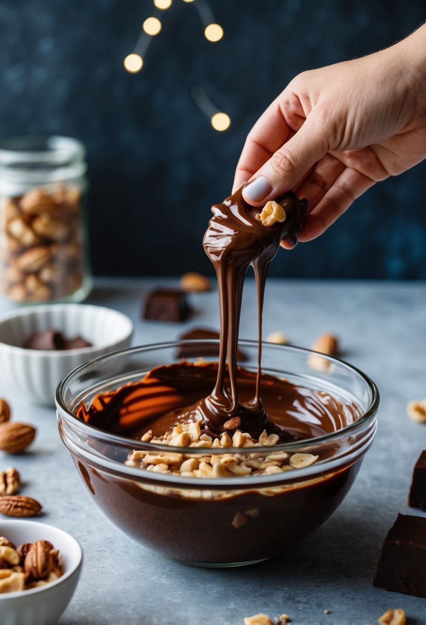 A bowl of melted chocolate and nuts being mixed together for fudge