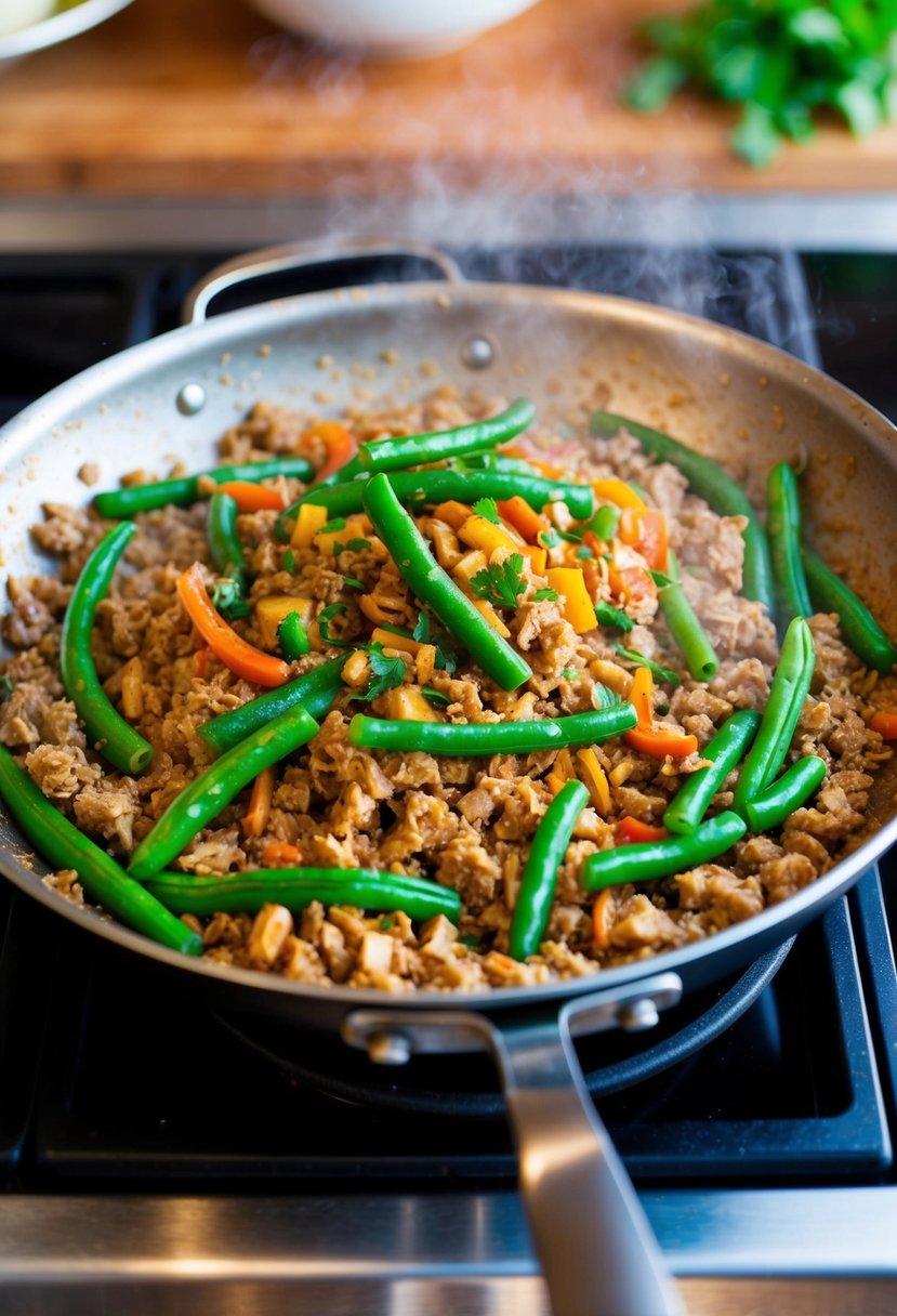 A sizzling pan of ground turkey stir fry with green beans, colorful and aromatic ingredients being tossed together over a hot stove