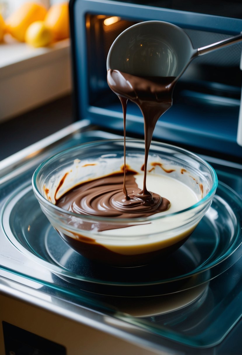 A bowl of melted milk chocolate and condensed milk being mixed together in a microwave-safe dish