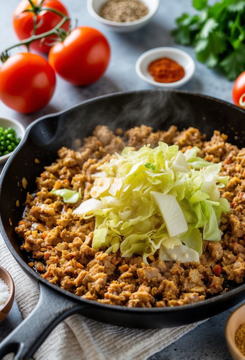 A skillet with sizzling ground turkey and chopped cabbage, surrounded by low-carb ingredients like tomatoes and spices