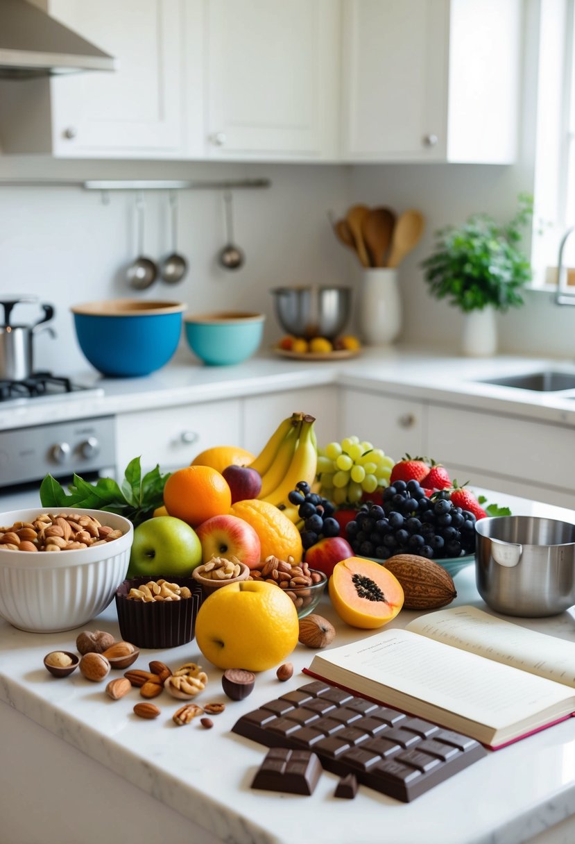 A colorful array of fresh fruits, nuts, and chocolate sits on a clean, white kitchen counter, surrounded by mixing bowls, measuring cups, and a recipe book