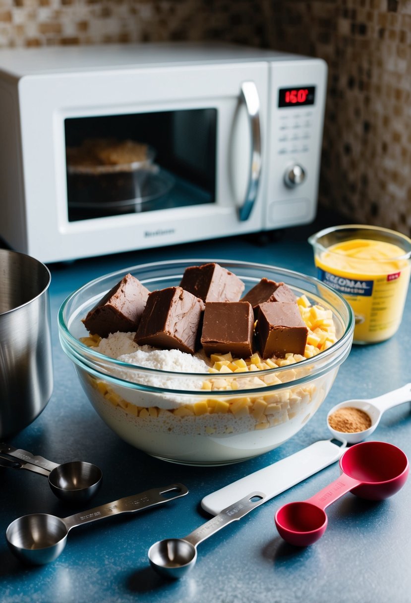 A mixing bowl filled with ingredients for microwave fudge, surrounded by measuring spoons, a microwave, and a spatula