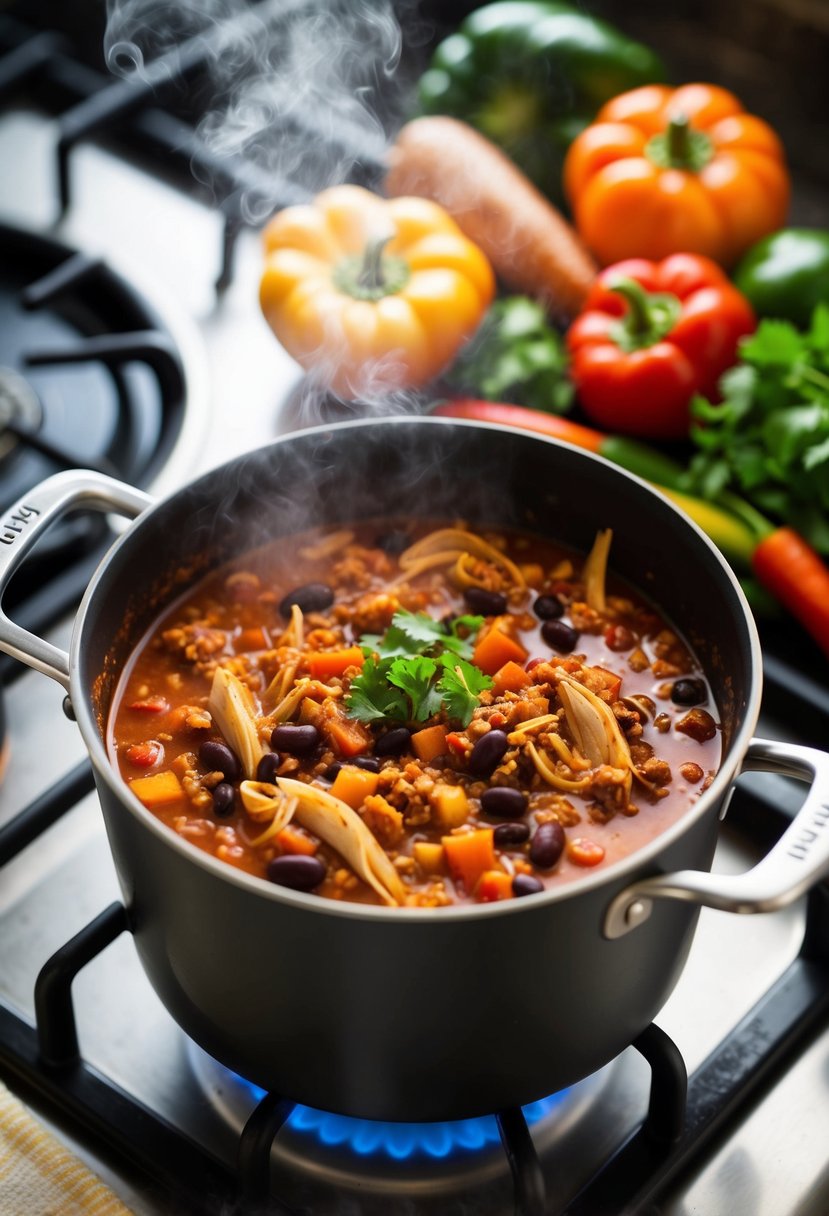 A steaming pot of spicy turkey and black bean chili simmering on a stovetop, surrounded by colorful vegetables and aromatic spices