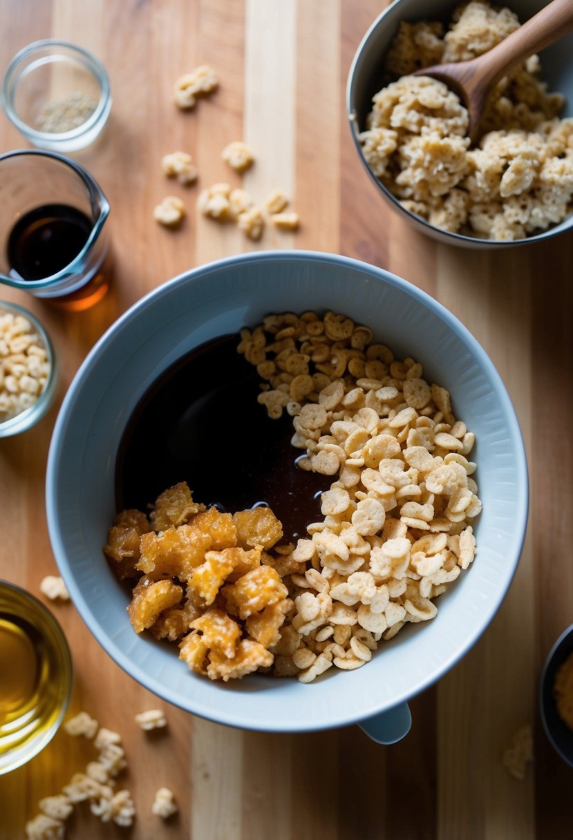 A mixing bowl filled with maple syrup, rice krispies, and cookie dough. Ingredients scattered on a wooden countertop