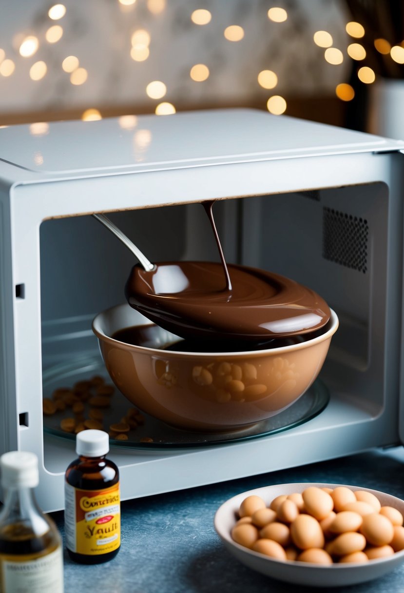 A microwave with a bowl of melting chocolate, surrounded by ingredients like condensed milk and vanilla extract