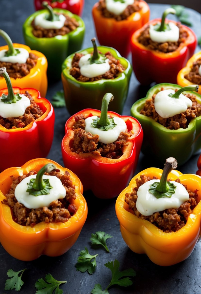 A colorful array of bell peppers stuffed with seasoned ground turkey and topped with melted cheese