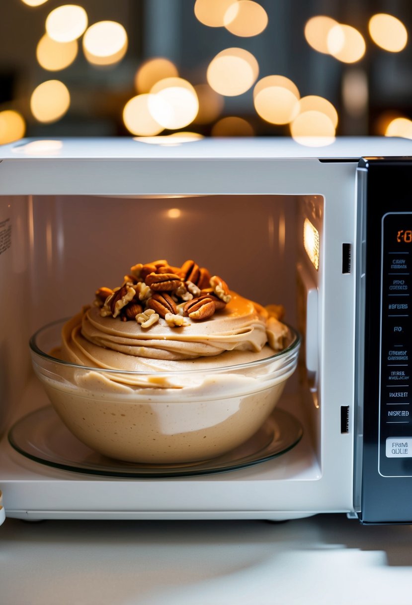 A bowl of creamy fudge mixture being microwaved with a swirl of nuts on top