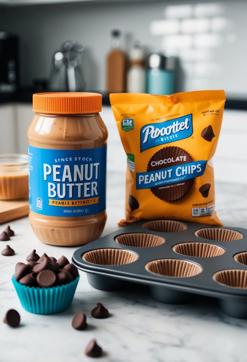 A jar of peanut butter, a bag of chocolate chips, and a muffin tin filled with peanut butter cups on a kitchen counter